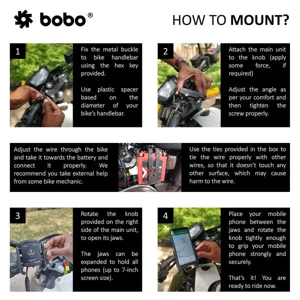 BOBO BM1 PRO Jaw-Grip Bike Phone Holder (with fast USB 3.0 charger, SAE connector & Fast USB Cable) Motorcycle Mobile Mount