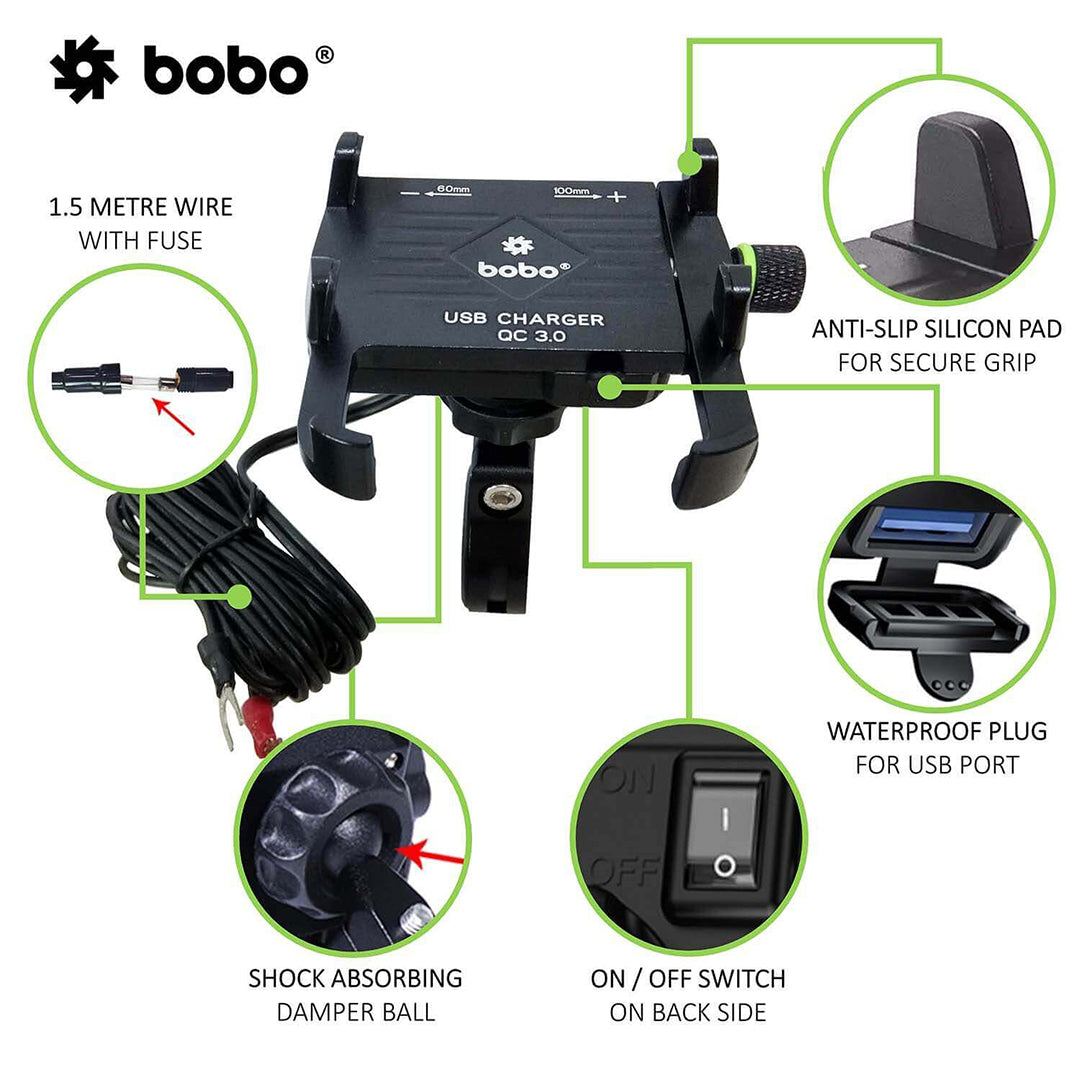 Bobo Claw-Grip Aluminum Motorcycle Mobile Mount With Fast USB 3.0 Charger