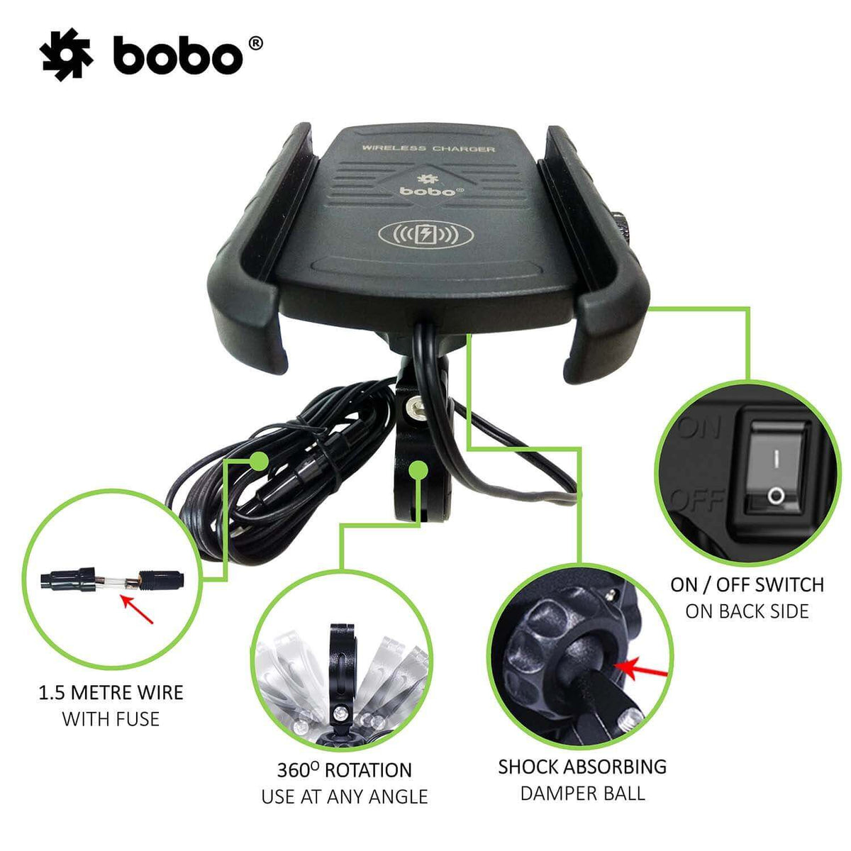 Jaw-Grip Motorcycle Mobile Mount With Fast 15W Wireless Charger