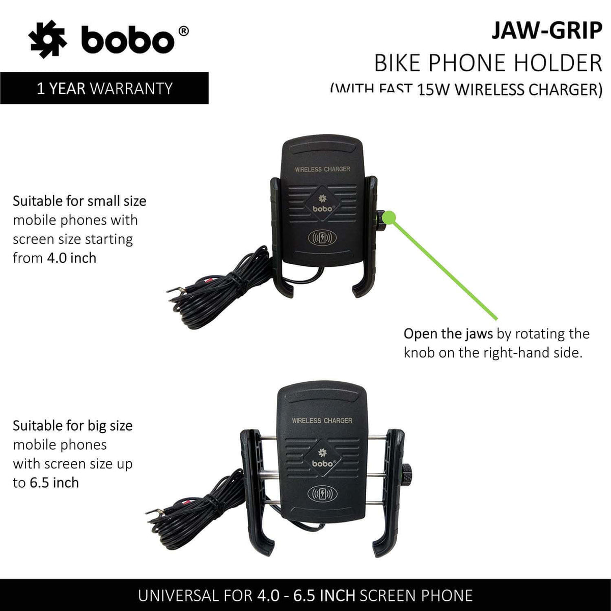 Jaw-Grip Motorcycle Mobile Mount With Fast 15W Wireless Charger